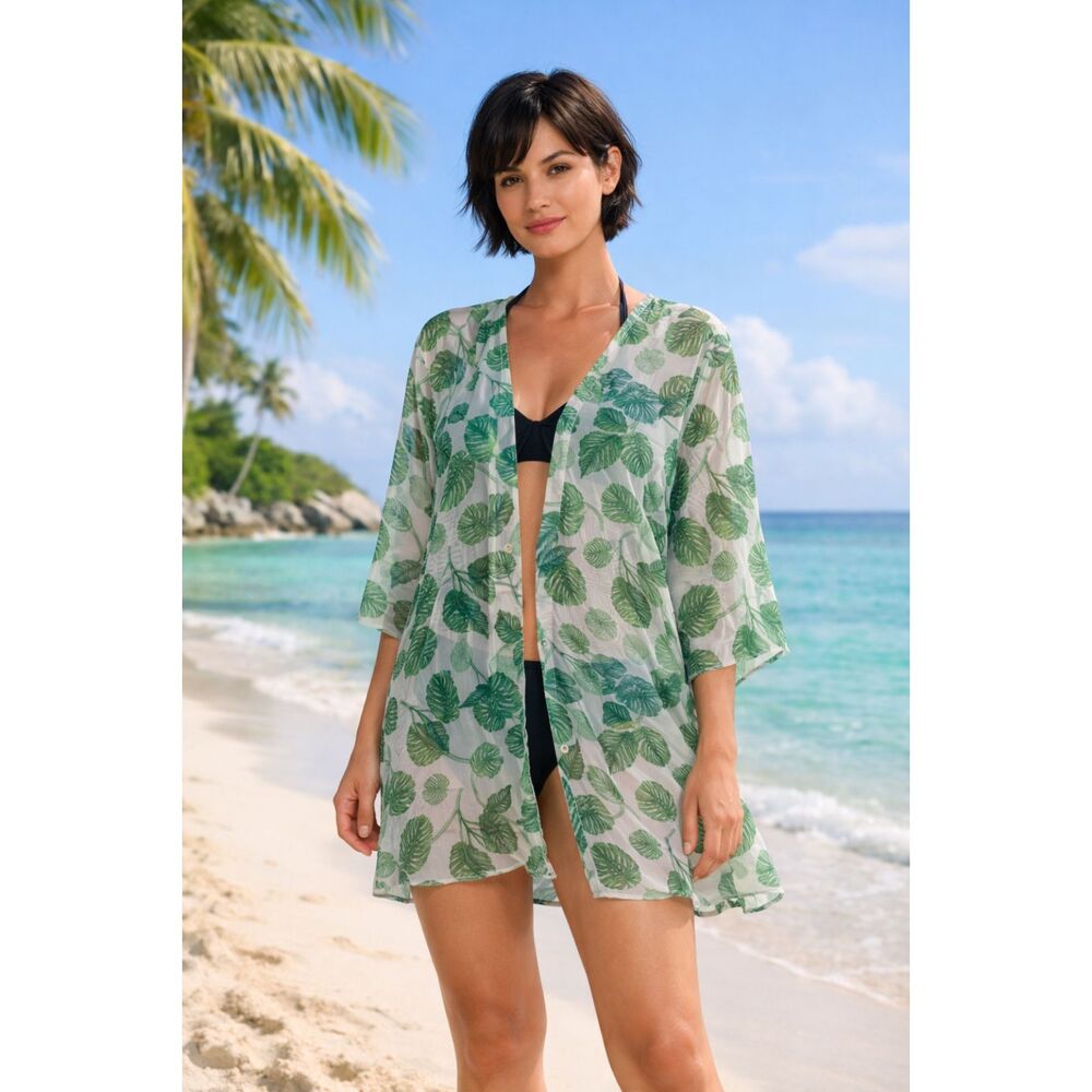 Romwe M Tropical Leaf Sheer Cover Up Kimono Beach Swim Tunic Above Knee #5